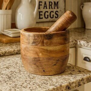 NWT Extra Large Wooden Rustic  Farmhouse Style Mortar and Pestle Set